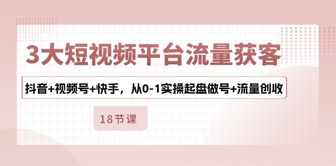 3大短视频平台流量获客，抖音+视频号+快手，从01实操起盘做号+流量创收-AI学习资源网