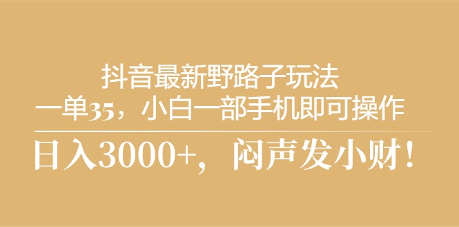 抖音最新野路子玩法，一单35，小白一部手机即可操作，，日入3000+，闷…-AI学习资源网