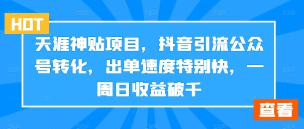 天涯神贴项目，抖音引流公众号转化，出单速度特别快，一周日收益破千-AI学习资源网