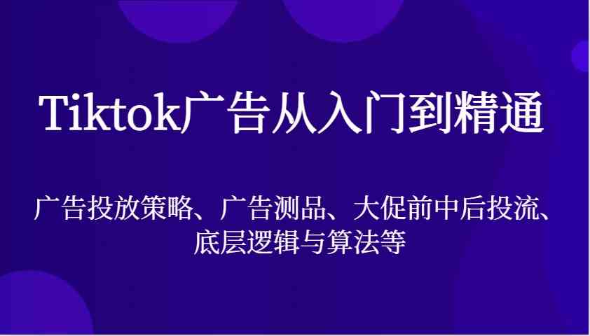 Tiktok广告从入门到精通，广告投放策略、广告测品、大促前中后投流、底层逻辑与算法等-AI学习资源网