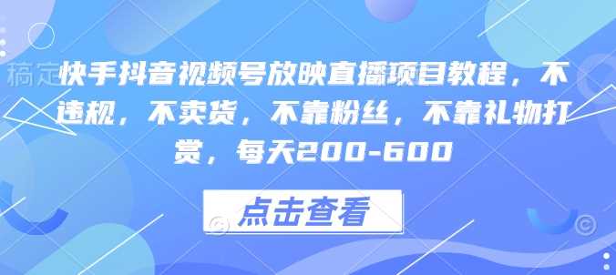 快手抖音视频号放映直播项目教程，不违规，不卖货，不靠粉丝，不靠礼物打赏，每天200-600-AI学习资源网