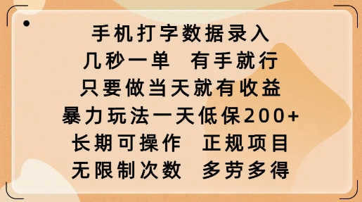 手机打字数据录入，几秒一单，有手就行，只要做当天就有收益，暴力玩法一天低保2张-AI学习资源网