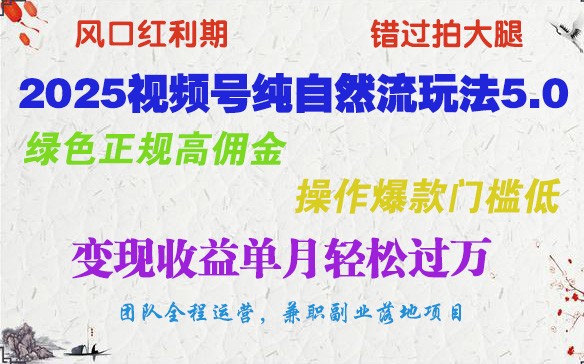 2025视频号纯自然流玩法5.0，绿色正规高佣金，操作爆款门槛低，变现收益单月轻松过万-AI学习资源网