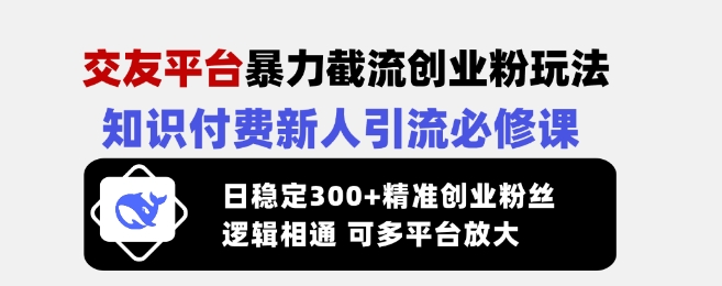 交友平台暴力截流创业粉玩法，知识付费新人引流必修课，日稳定300+精准创业粉丝，逻辑相通可多平台放大-AI学习资源网