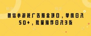 微信小游戏广告掘金项目,单机日入50+,批量操作日入3张-AI学习资源网