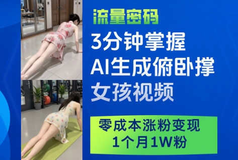 3分钟掌握AI生成俯卧撑女孩视频，零成本涨粉变现，1个月1W粉-AI学习资源网