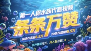 第一人称水族代言视频,条条万赞,20条作品涨粉7.8W,多种变现方式月入五位数-AI学习资源网