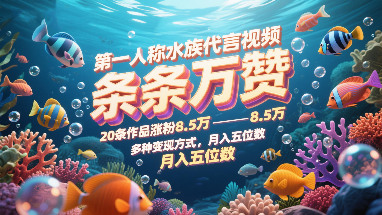 第一人称水族代言视频，条条万赞，20条作品涨粉8.5万，多种变现方式月，入五位数-AI学习资源网