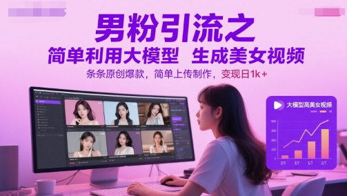男粉引流之简单利用大模型生成美女视频，条条原创爆款，简单上传制作，变现日1k+-AI学习资源网
