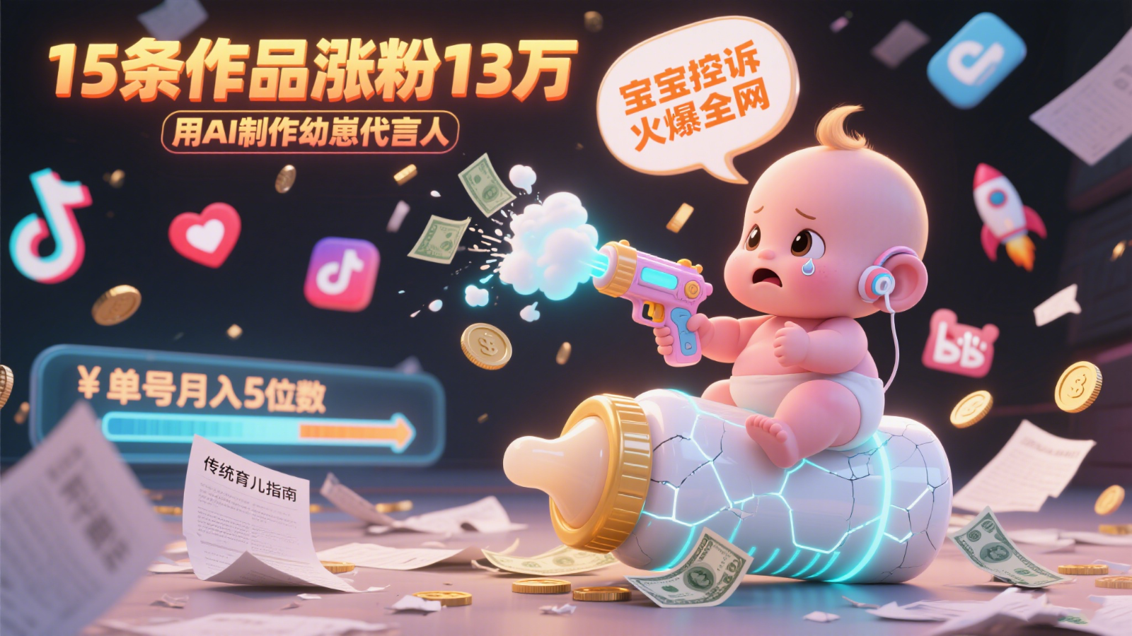 用AI制作幼崽代言人，宝宝的控诉火爆全网，15条作品涨粉13万，单号月入5位数实操教程-AI学习资源网