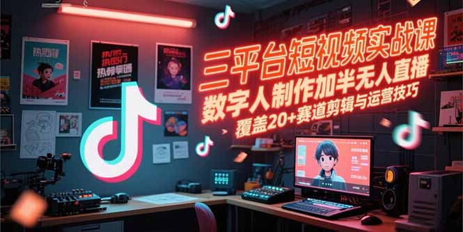 三平台短视频实战课，数字人制作加半无人直播，覆盖20+赛道剪辑与运营技巧-AI学习资源网