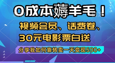 0成本薅羊毛!视频会员、话费卷、30元电影票白送，分享我如何靠转卖一天变现5张+【揭秘】-AI学习资源网