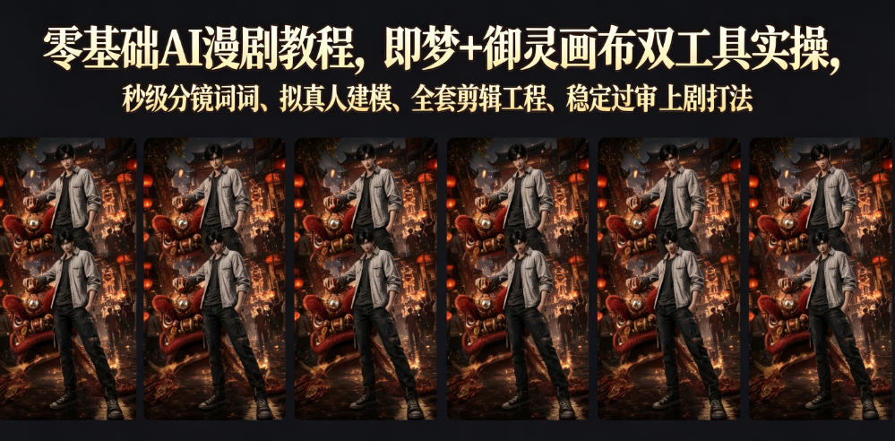 零基础AI漫剧教程，即梦+御灵画布双工具实操，秒级分镜提示词、拟真人建模、全套剪辑工程、稳定过审上剧打法-AI学习资源网