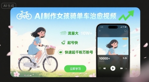 AI制作女孩骑单车治愈视频，流量大，起号快，快速起千粉万粉号-AI学习资源网