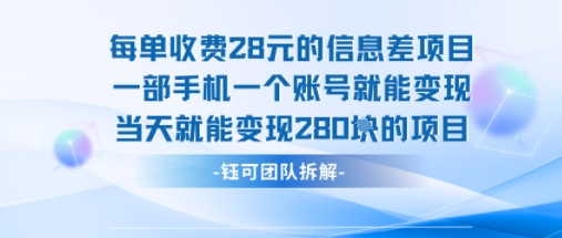 每单收费28米的项目单日能变现280左右 一部手机一个账号就能变现-AI学习资源网