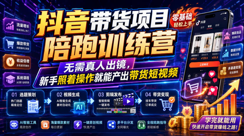 抖音带货项目陪跑训练营,无需真人出镜,新手照着操作就能产出带货短视频-AI学习资源网