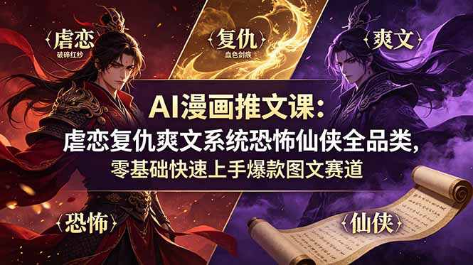 AI漫画推文课：虐恋复仇爽文系统恐怖仙侠全品类，零基础快速上手爆款图文赛道-AI学习资源网