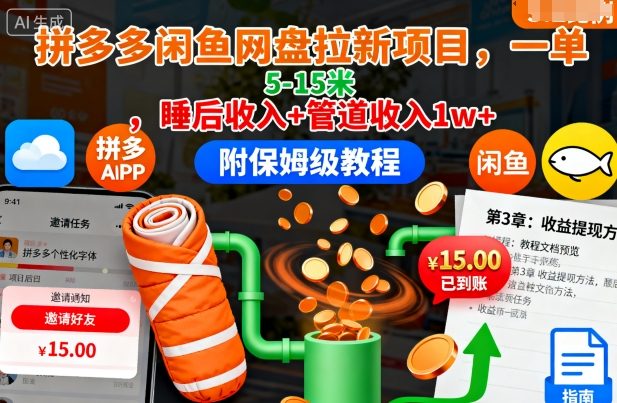 拼多多闲鱼网盘拉新项目，一单5-15米，睡后收入+管道收入1w+(附保姆级教程)-AI学习资源网