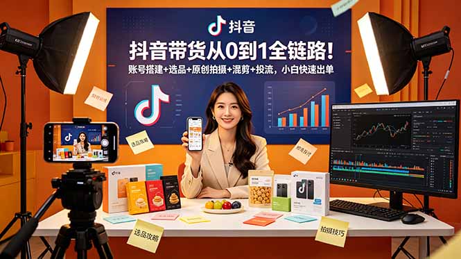 抖音带货从0到1全链路！账号搭建+选品+原创拍摄+混剪+投流，小白快速出单-AI学习资源网