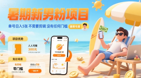 暑期新男粉项目 单号日入5张 不需要剪辑 没有任何门槛-AI学习资源网