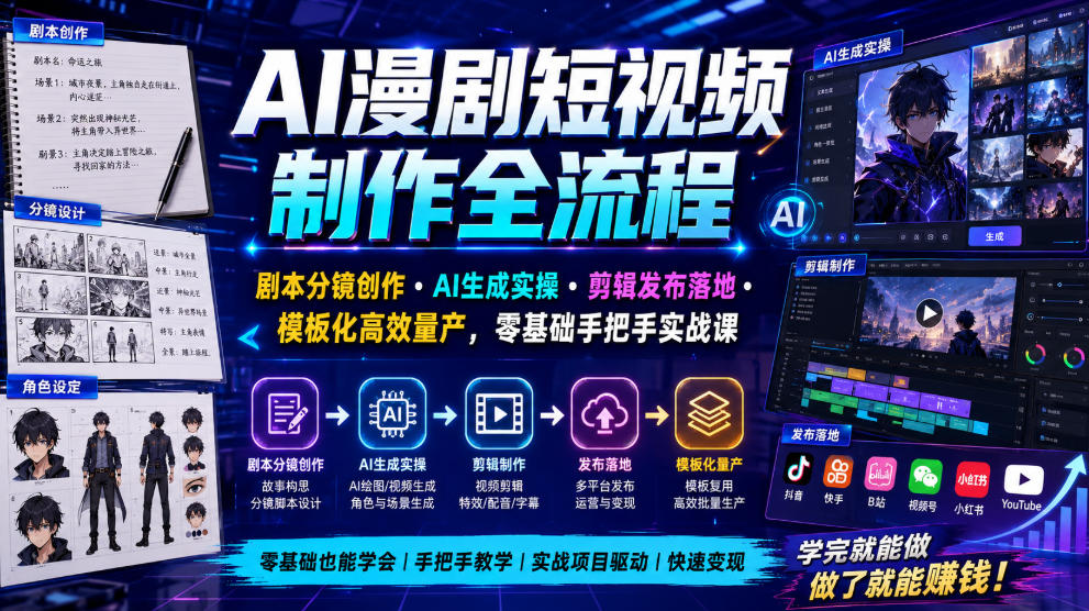AI漫剧短视频制作全流程|剧本分镜创作・AI生成实操・剪辑发布落地・模板化高效量产,零基础手把手实战课-AI学习资源网
