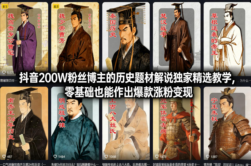 抖音200W粉丝博主的历史题材解说独家精选教学，零基础也能作出爆款涨粉变现-AI学习资源网