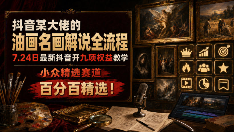 抖音某大佬的油画名画解说全流程，7.24日最新抖音开九项权益教学，小众精选赛道，百分百精选！-AI学习资源网