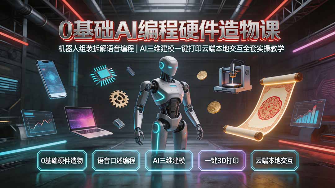 0基础AI编程硬件造物课｜机器人组装拆解语音编程，AI三维建模一键打印云端本地交互全套实操教学-AI学习资源网