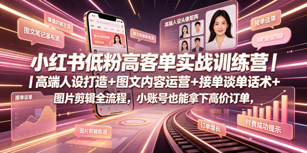 小红书低粉高客单实战训练营｜高端人设打造+图文内容运营+接单谈单话术+图片剪辑全流程，小账号也能拿下高价订单-AI学习资源网