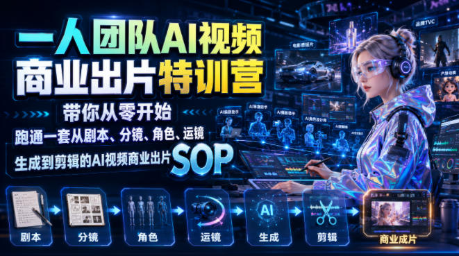 一人团队AI视频商业出片实战课：带你从零开始跑通一套从剧本、分镜、角色、运镜、生成到剪辑的AI视频商业出片SOP-AI学习资源网