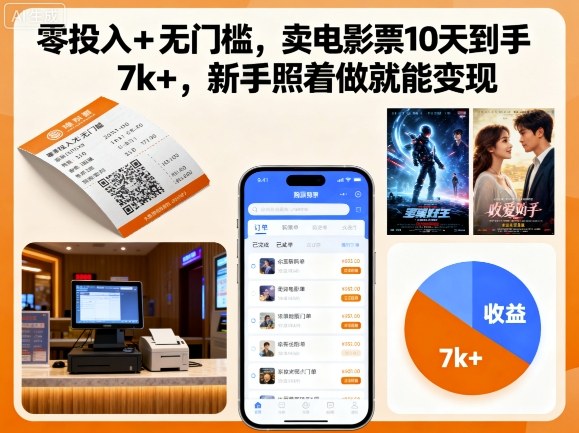 零投入+无门槛，卖电影票10天到手7k+，新手照着做就能变现【揭秘】-AI学习资源网