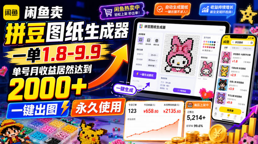 闲鱼卖拼豆图纸生成器,一单1.8-9.9,单号月收益居然达到2000+一键出图永久使用-AI学习资源网