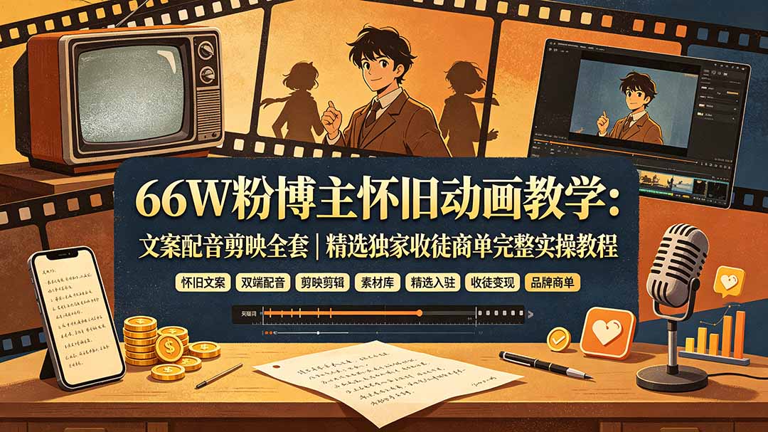 66W粉博主怀旧动画教学：文案配音剪映全套｜精选独家收徒商单完整实操教程-AI学习资源网