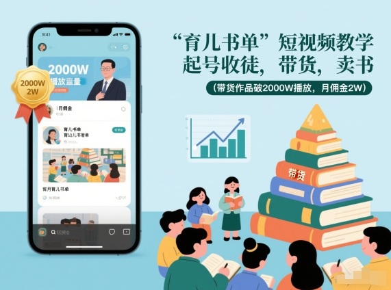 育儿书单短视频教学，起号收徒，带货，卖书(带货作品破2000W播放，月佣金2W)-AI学习资源网