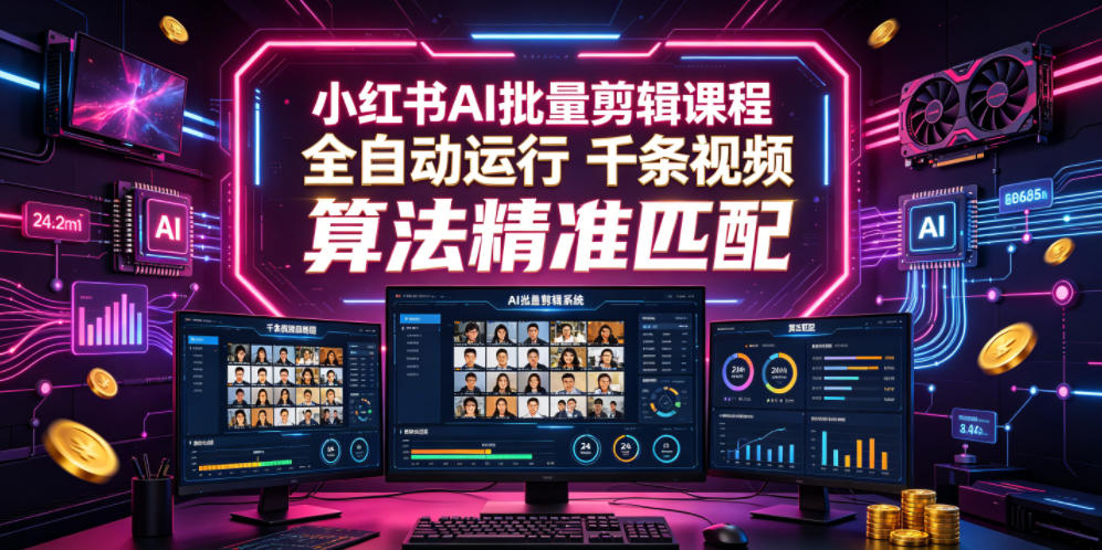 小红书AI批量剪辑课程，24小时全自动运行，解放双手专注运营，千条视频批量处理，小红书算法精准匹配-AI学习资源网