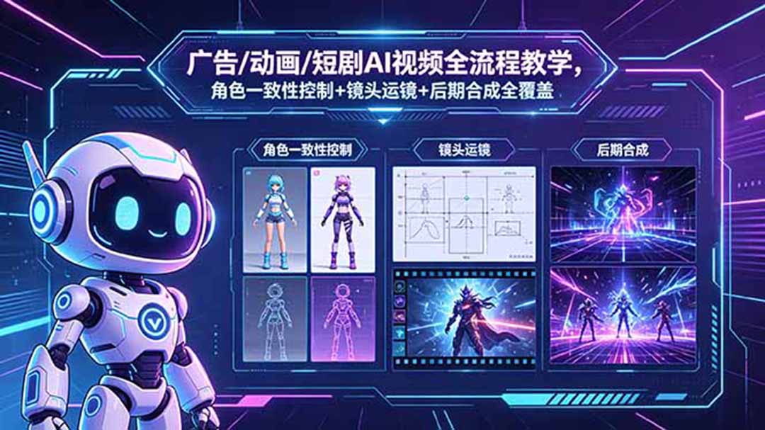 广告/动画/短剧AI视频全流程教学，角色一致性控制+镜头运镜+后期合成全覆盖-AI学习资源网
