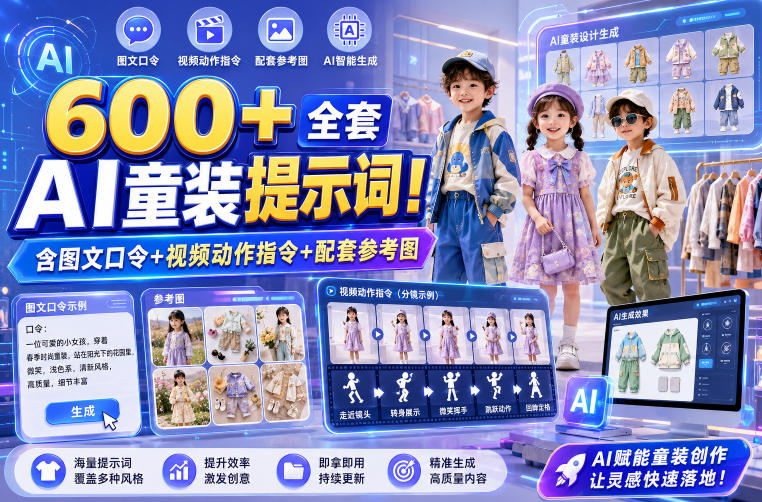 600+全套AI童装提示词！含图文口令+视频动作指令+配套参考图，Word-Excel规整分类，童装电商、种草无脑量产内容！-AI学习资源网