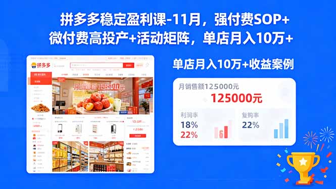 拼多多稳定盈利课-11月，强付费SOP+微付费高投产+活动矩阵，单店月入10w+-AI学习资源网