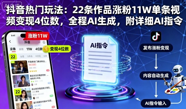 抖音热门玩法：22条作品涨粉11W单条视频变现4位数，全程AI生成，附详细AI指令-AI学习资源网