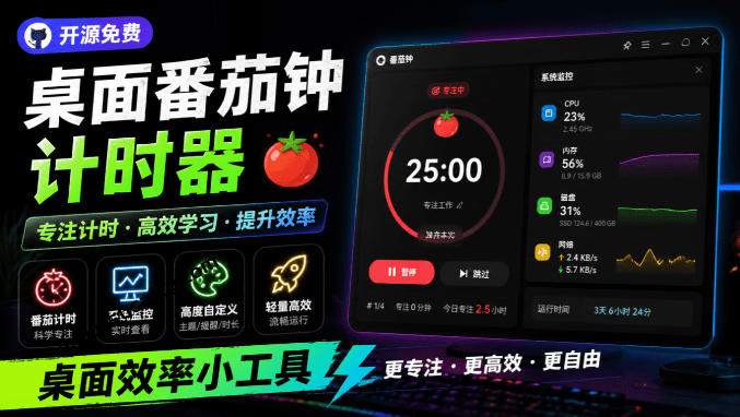 仅1.16MB，开源极简的桌面时钟、番茄钟计时器，还支持系统监控显示，桌面效率小工具Catime-AI学习资源网