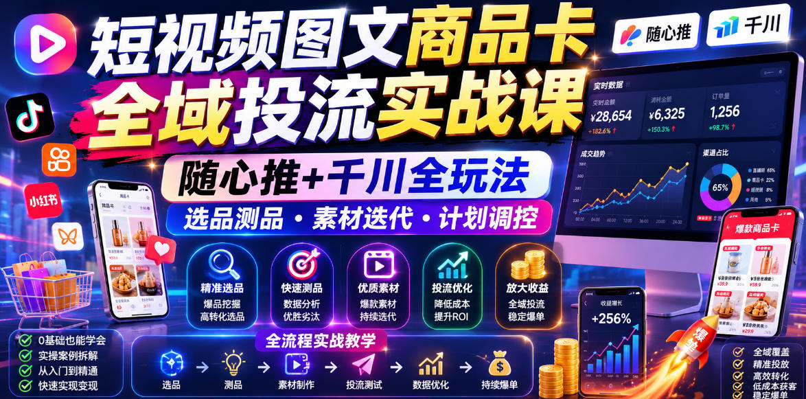 短视频图文商品卡全域投流实战课，随心推+千川全玩法，选品测品・素材迭代・计划调控，提升ROI爆单增收教程-AI学习资源网