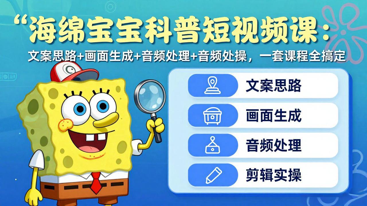 海绵宝宝科普短视频课：文案思路+画面生成+音频处理+剪辑实操，一套课程全搞定-AI学习资源网