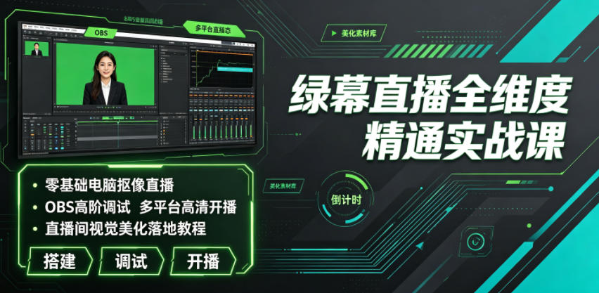 绿幕直播全维度精通实战课|零基础电脑抠像直播、OBS高阶调试、多平台高清开播、直播间视觉美化落地教程-AI学习资源网