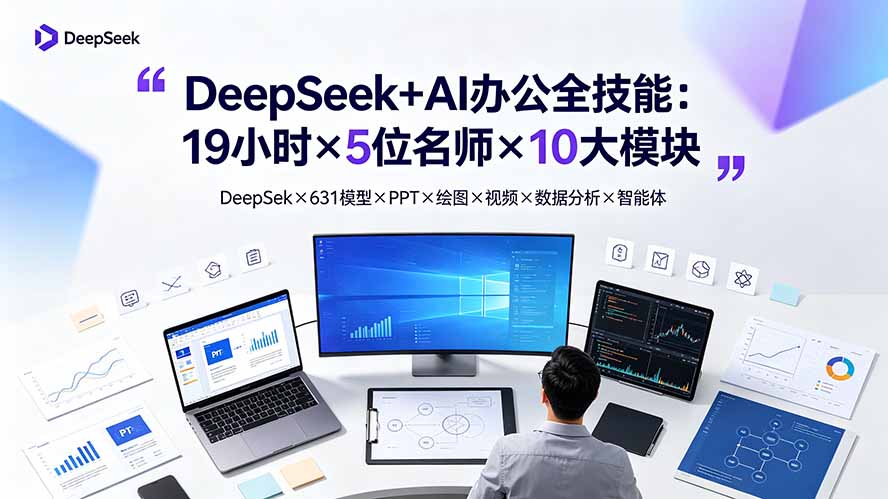 DeepSeek+AI办公全技能:19小时×5位名师×10大模块,DeepSeek×631模型×PPT×绘图×视频×数据分析×智能体-AI学习资源网