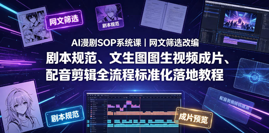 AI漫剧SOP系统课|网文筛选改编、剧本规范、文生图图生视频成片、配音剪辑全流程标准化落地教程-AI学习资源网