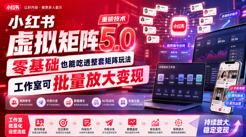 小红书虚拟矩阵5.0重磅技术，零基础也能吃透整套矩阵玩法，工作室可批量放大变现-AI学习资源网
