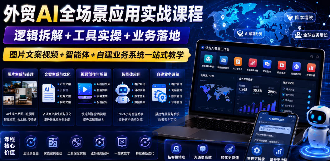 外贸AI全场景应用实战课程｜逻辑拆解+工具实操+业务落地，图片文案视频+智能体+自建业务系统一站式教学-AI学习资源网