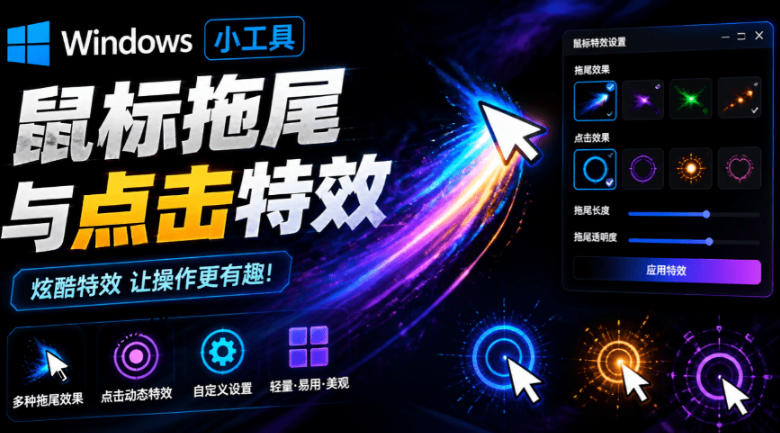 Windows特效小工具！一键给你的鼠标添加拖尾与点击动态特效，吾爱出品，免费使用Mouse Trail-AI学习资源网