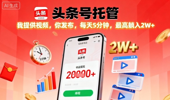 【头条号托管】我提供视频，你发布，每天5分钟，最高躺入2W+【揭秘】-AI学习资源网