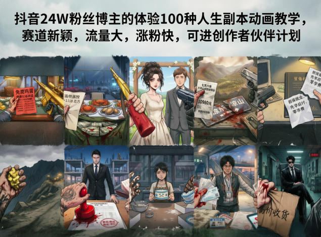 抖音24W粉丝博主的体验100种人生副本动画教学，赛道新颖，流量大，涨粉快，可进创作者伙伴计划-AI学习资源网